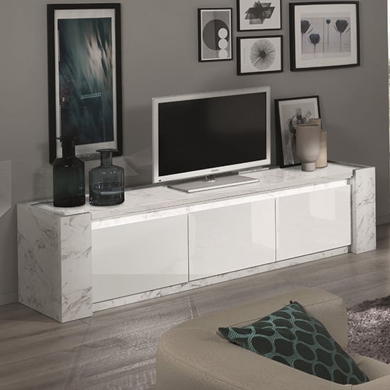 Photo of Attoria led large wooden tv stand in white marble effect