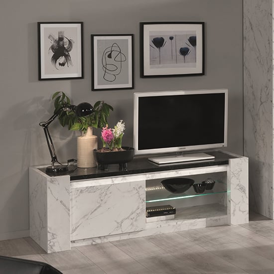 Attoria LED Wooden TV Stand In White And Black Marble Effect