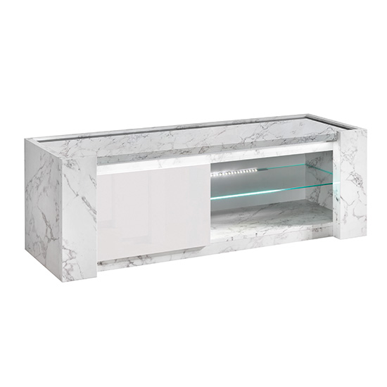 Attoria Small High Gloss TV Stand In White Marble Effect and LED