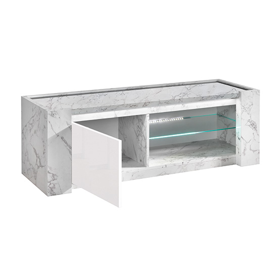 Attoria Small High Gloss TV Stand In White Marble Effect and LED