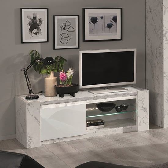 Photo of Attoria wooden tv stand in white marble effect with led lights