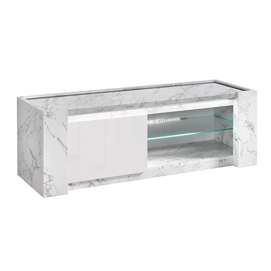 Attoria High Gloss Living Room Set With Display Cabinet In White Marble Effect And LED