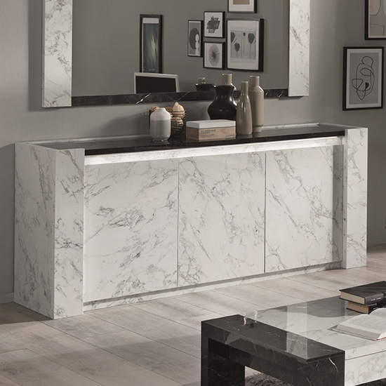 Photo of Attoria led wooden sideboard in black and white marble effect