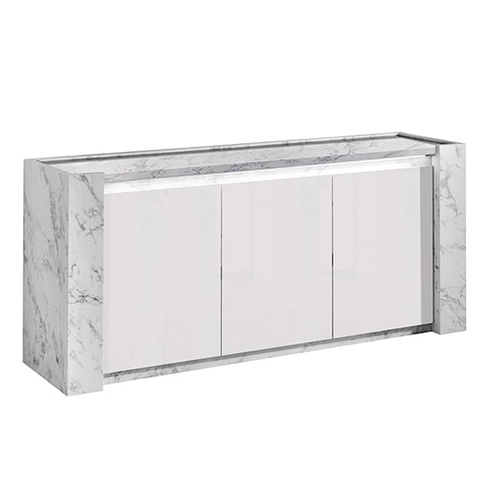 Attoria High Gloss Sideboard in White Marble Effect and LED