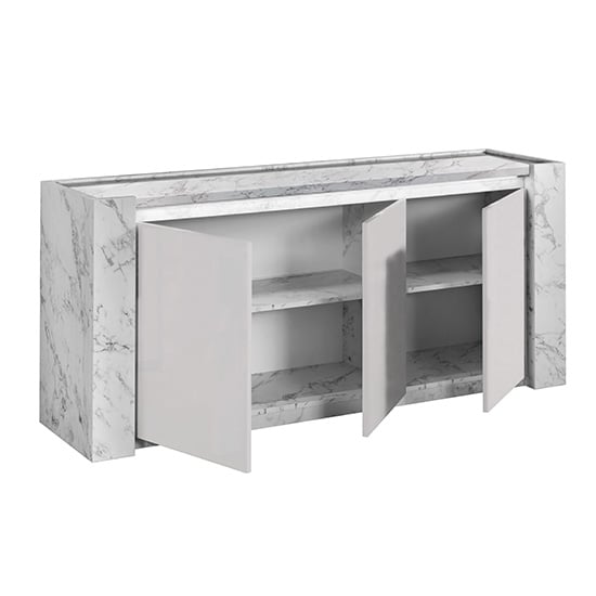 Attoria High Gloss Sideboard in White Marble Effect and LED