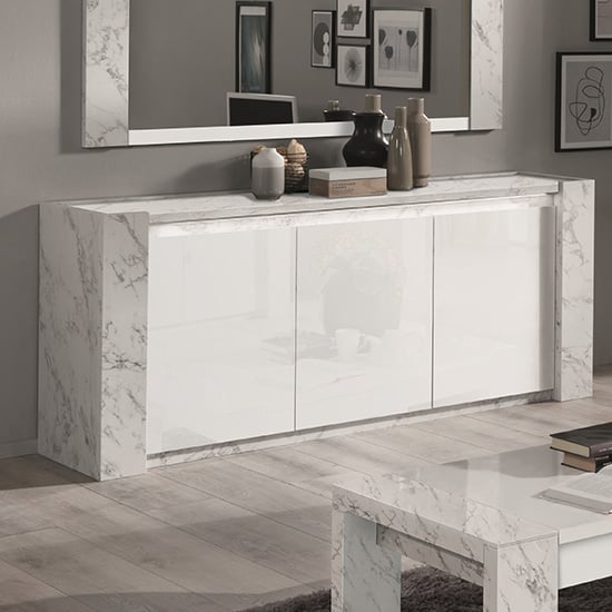 Product photograph of Attoria Led Wooden Sideboard In White Marble Effect from Furniture in Fashion