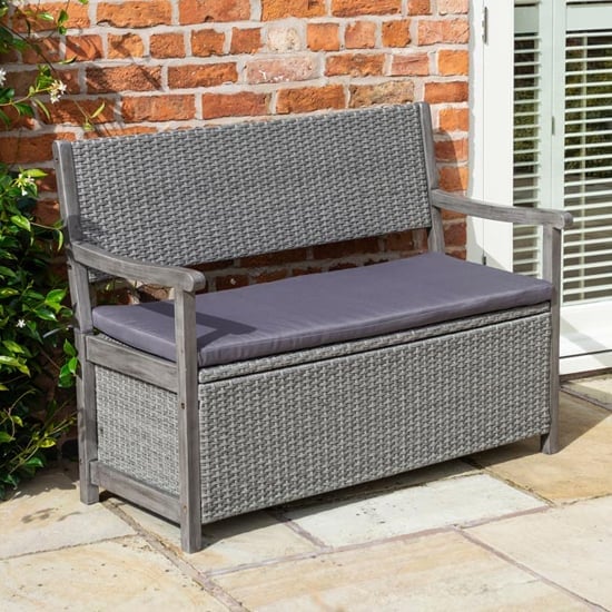 Photo of Auchinleck outdoor wooden storage seating bench in grey wash