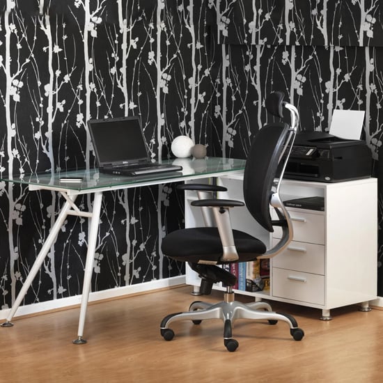 Read more about August clear glass top laptop desk with storage in white