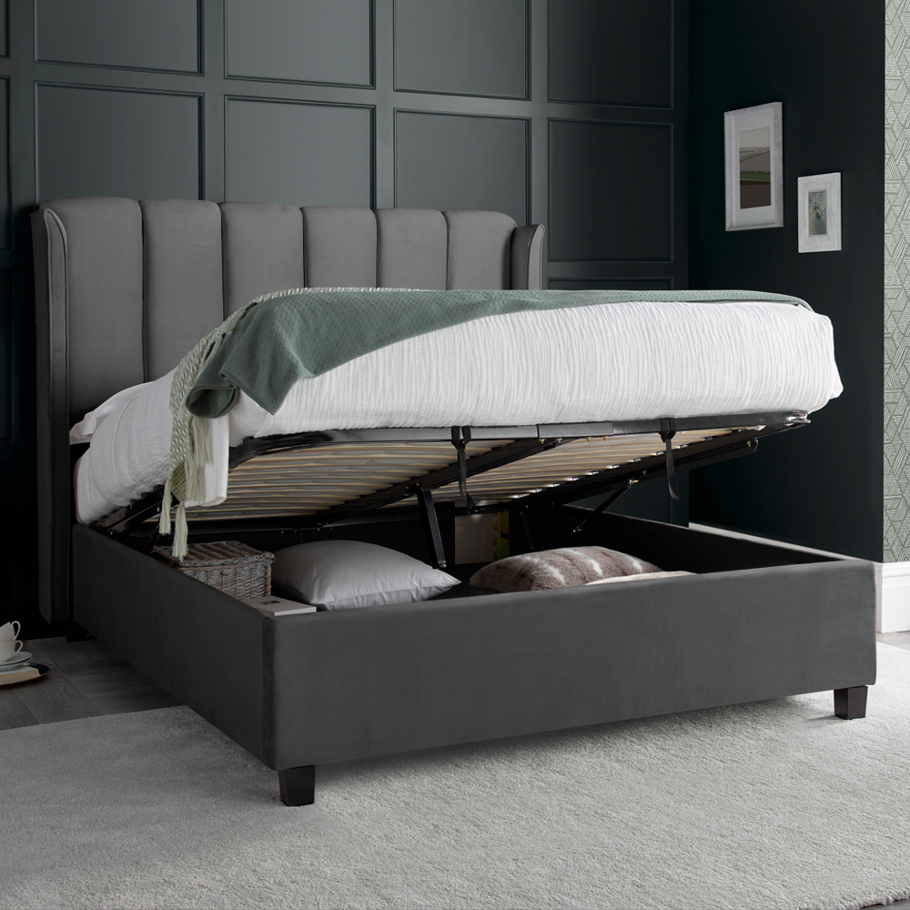 Augusta Velvet Ottoman Storage Double Bed In Grey