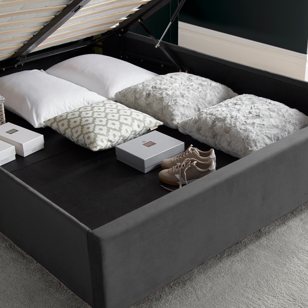 Augusta Velvet Ottoman Storage Double Bed In Grey
