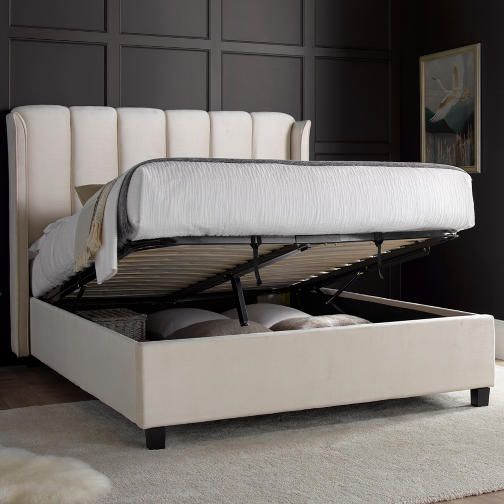 Augusta Velvet Ottoman Storage Double Bed In Warmstone
