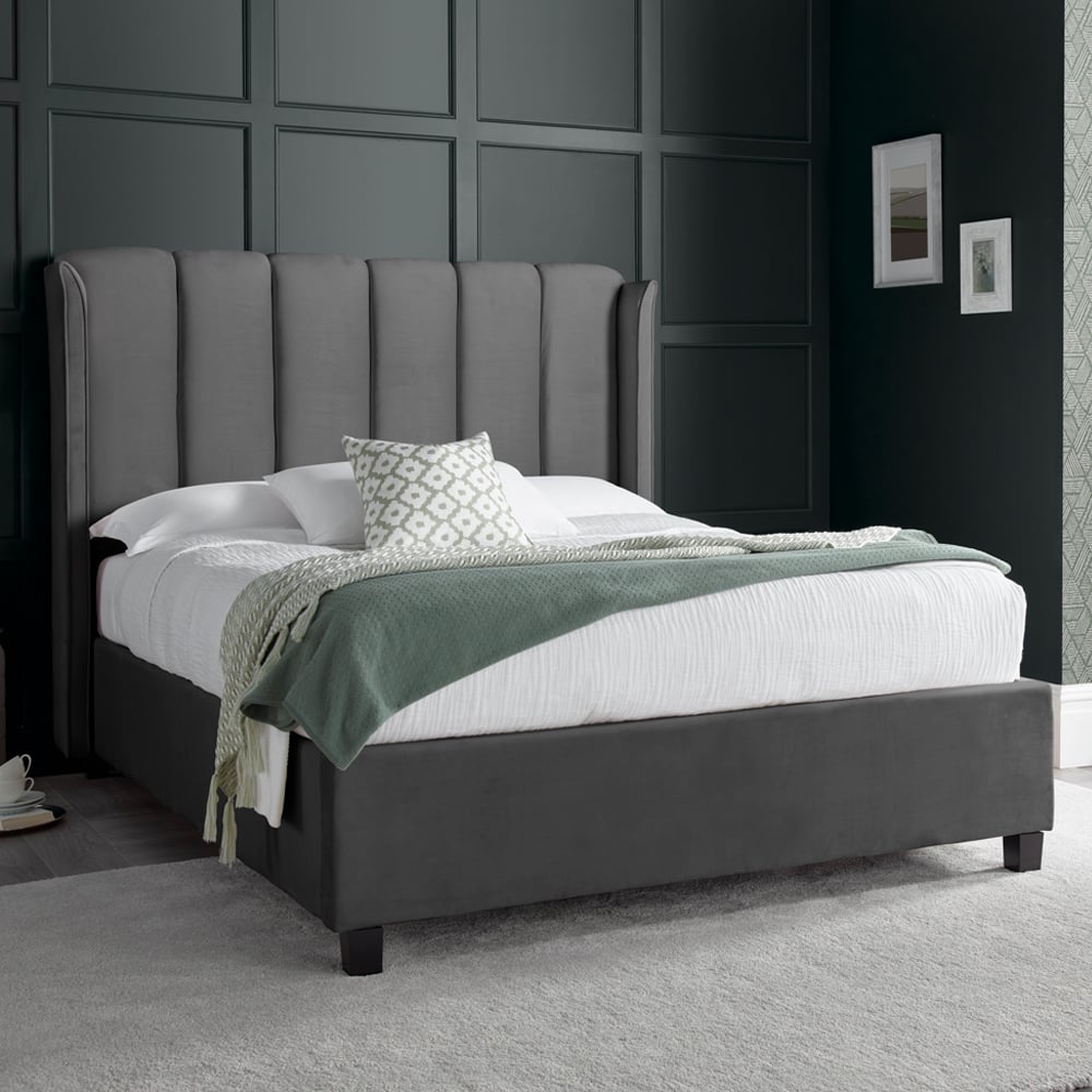 Augusta Velvet Ottoman Storage King Size Bed In Grey