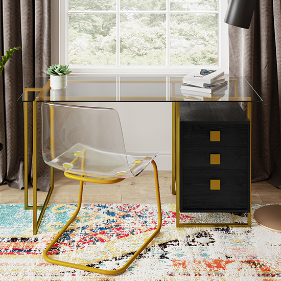 Product photograph of Aundreya Smoked Glass Top Computer Desk With Gold Frame from Furniture in Fashion