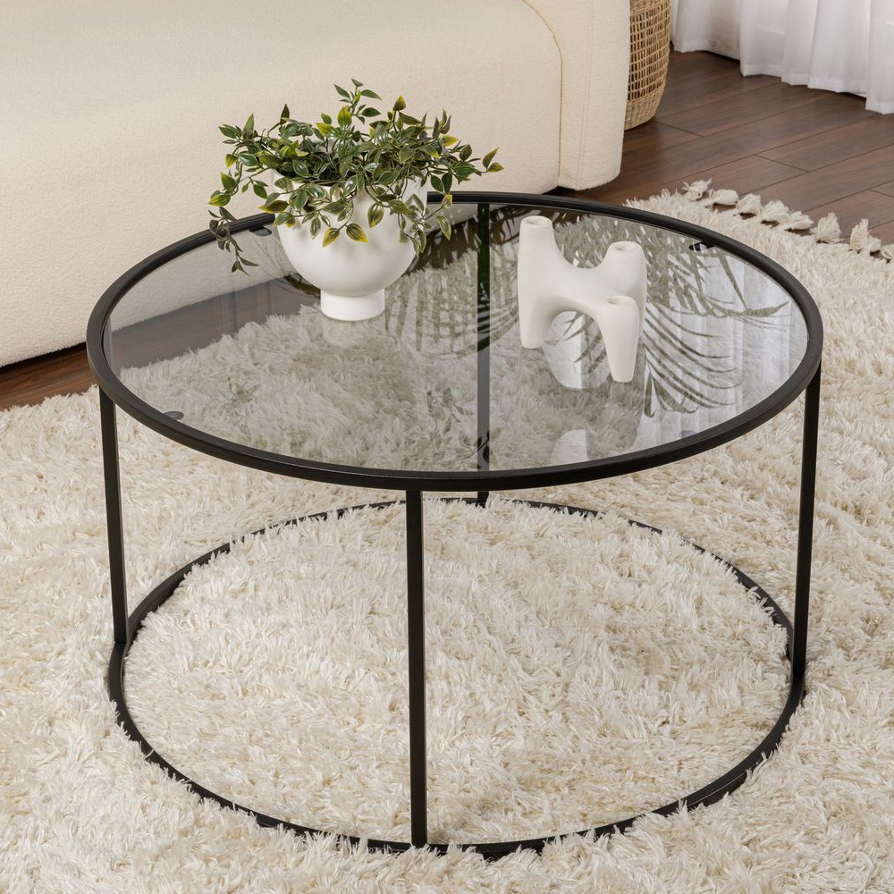 Aureo Grey Tempered Glass Coffee Table with Black Metal Frame