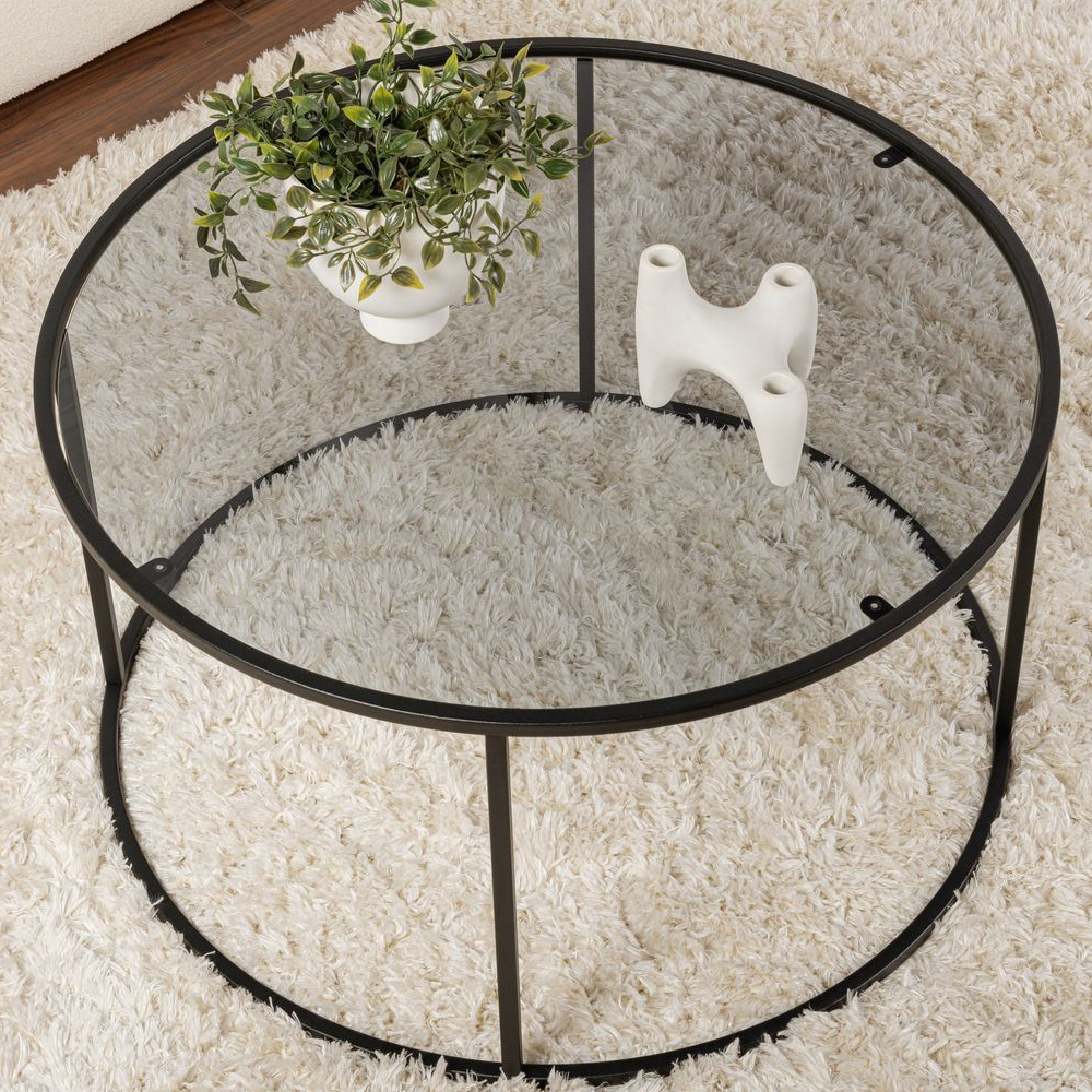 Aureo Grey Tempered Glass Coffee Table with Black Metal Frame