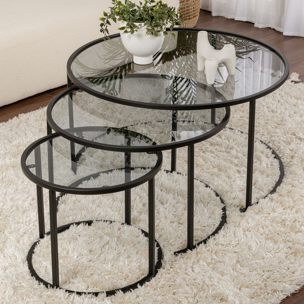 Aureo Grey Tempered Glass Nest Of 3 Coffee Tables with Black Metal Frame