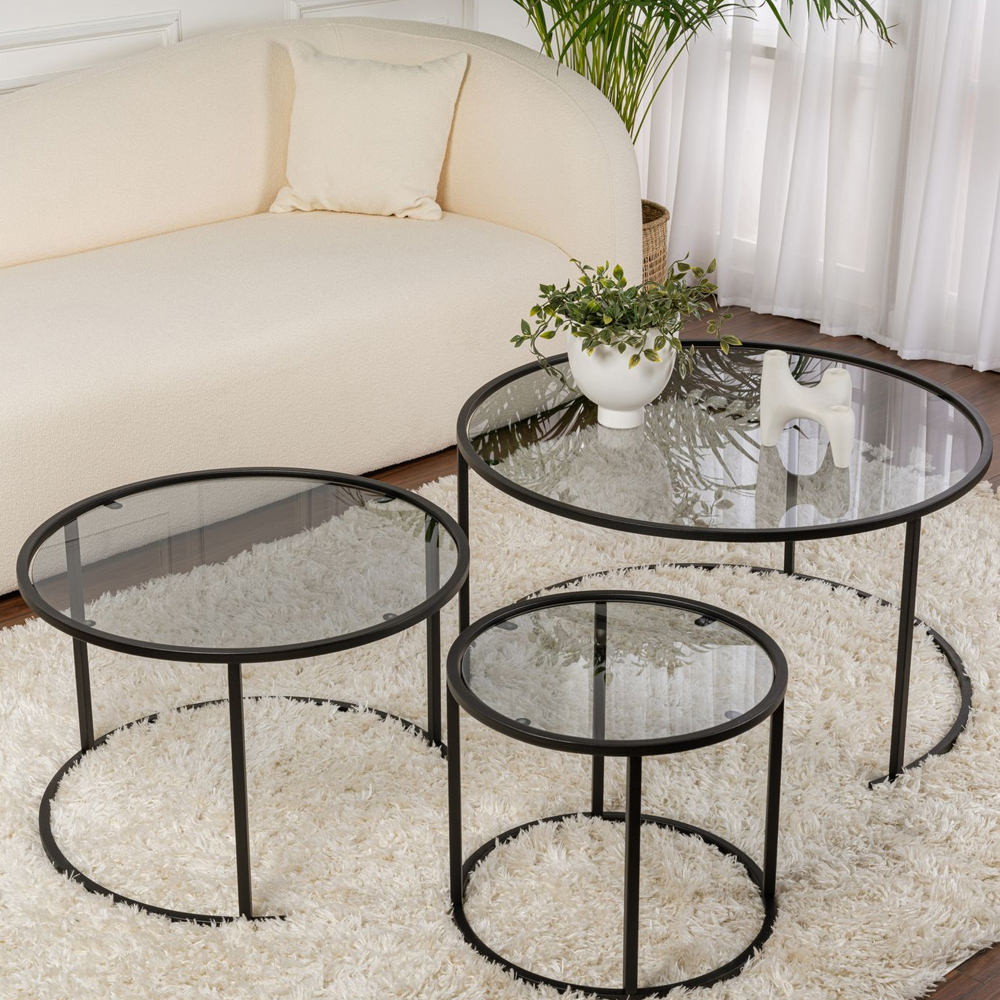 Aureo Grey Tempered Glass Nest Of 3 Coffee Tables with Black Metal Frame