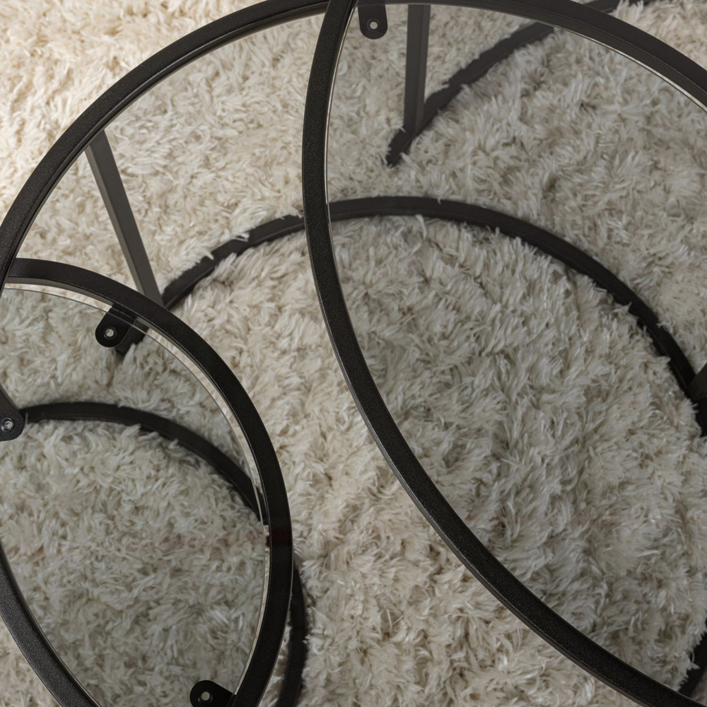 Aureo Grey Tempered Glass Nest Of 3 Coffee Tables with Black Metal Frame