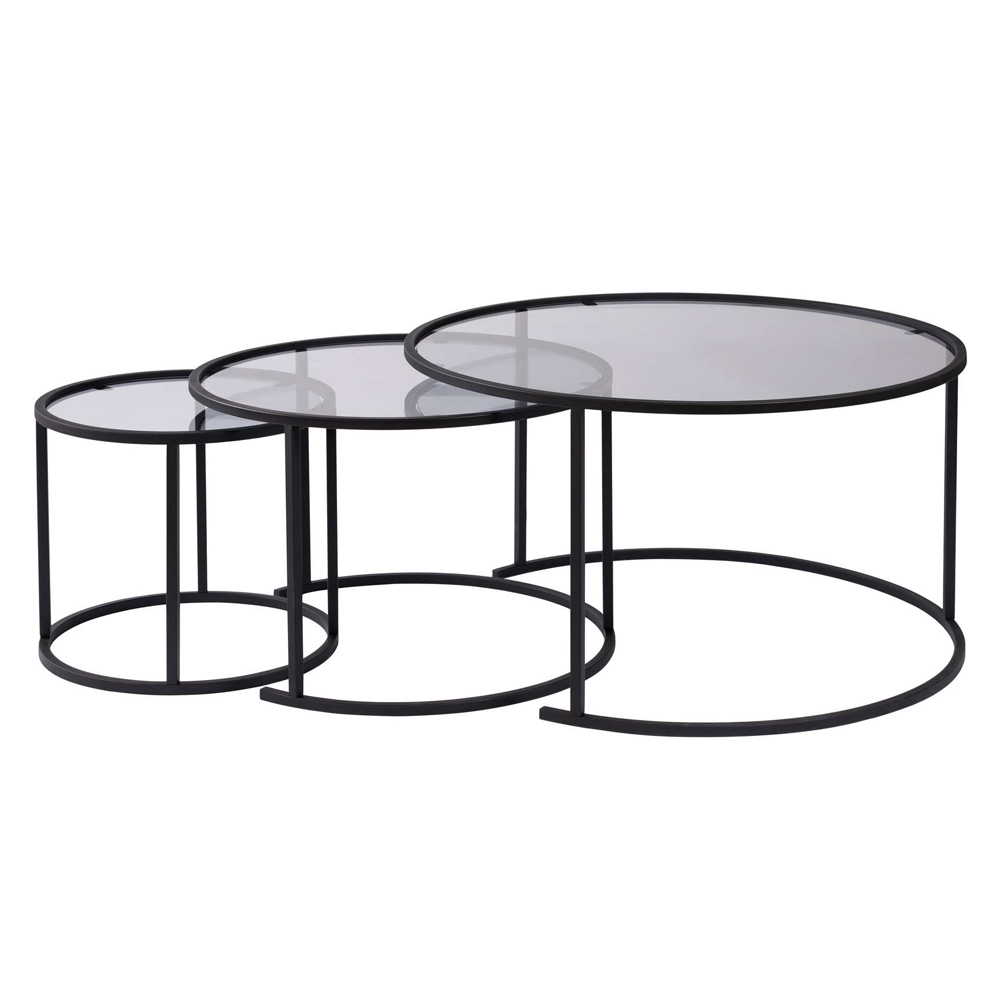 Aureo Grey Tempered Glass Nest Of 3 Coffee Tables with Black Metal Frame
