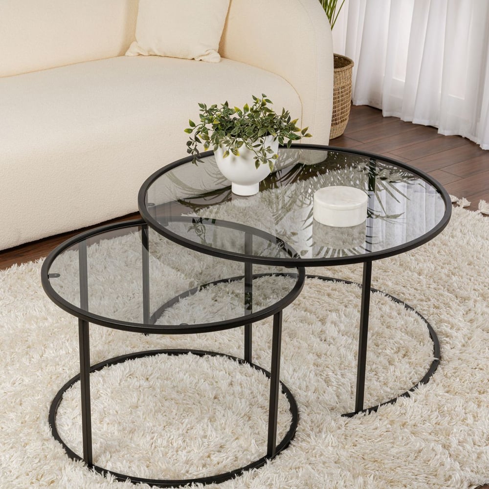 Aureo Large Grey Tempered Glass Nest Of 2 Coffee Tables with Black Metal Frame