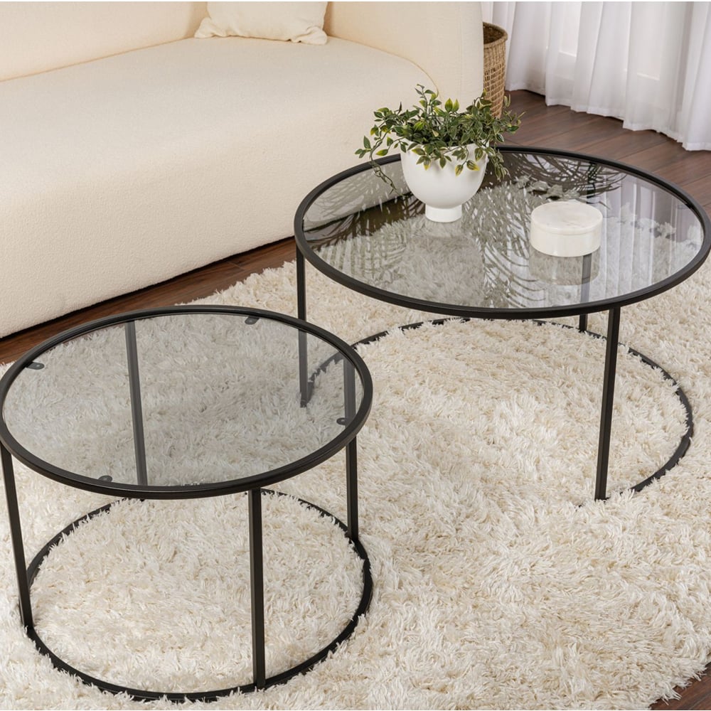 Aureo Large Grey Tempered Glass Nest Of 2 Coffee Tables with Black Metal Frame