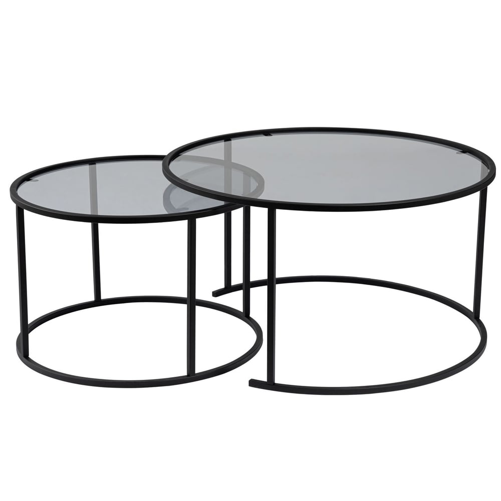 Aureo Large Grey Tempered Glass Nest Of 2 Coffee Tables with Black Metal Frame