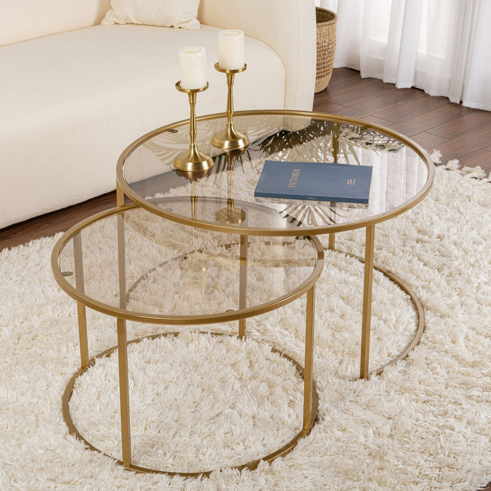 Aureo Large Tempered Glass Nest Of 2 Coffee Tables with Gold and Bronze Metal Frame