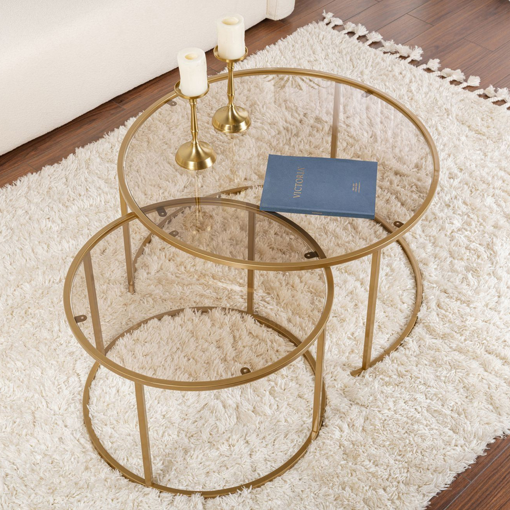Aureo Large Tempered Glass Nest Of 2 Coffee Tables with Gold and Bronze Metal Frame