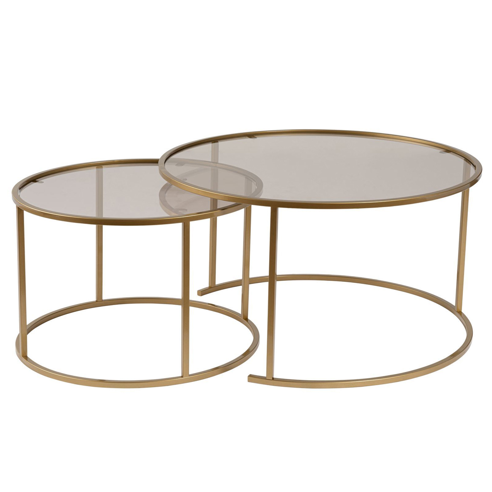 Aureo Large Tempered Glass Nest Of 2 Coffee Tables with Gold and Bronze Metal Frame