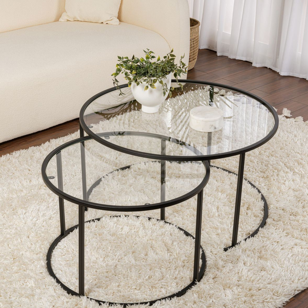 Aureo Large Clear Tempered Glass Nest Of 2 Coffee Tables with Black Metal Frame