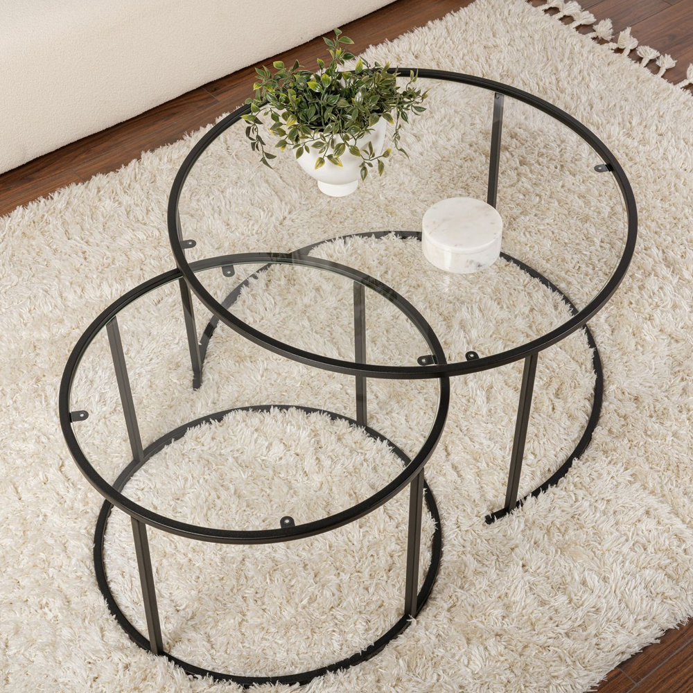 Aureo Large Clear Tempered Glass Nest Of 2 Coffee Tables with Black Metal Frame