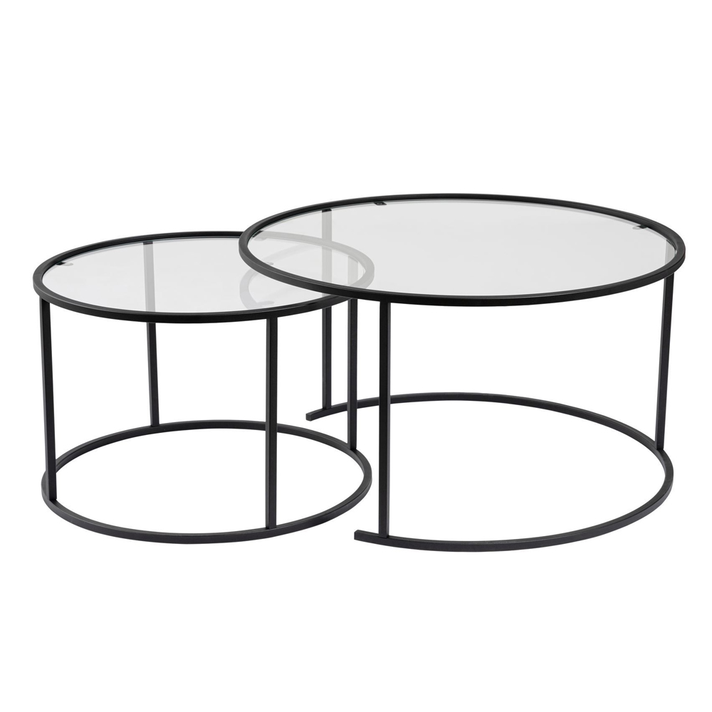 Aureo Large Clear Tempered Glass Nest Of 2 Coffee Tables with Black Metal Frame