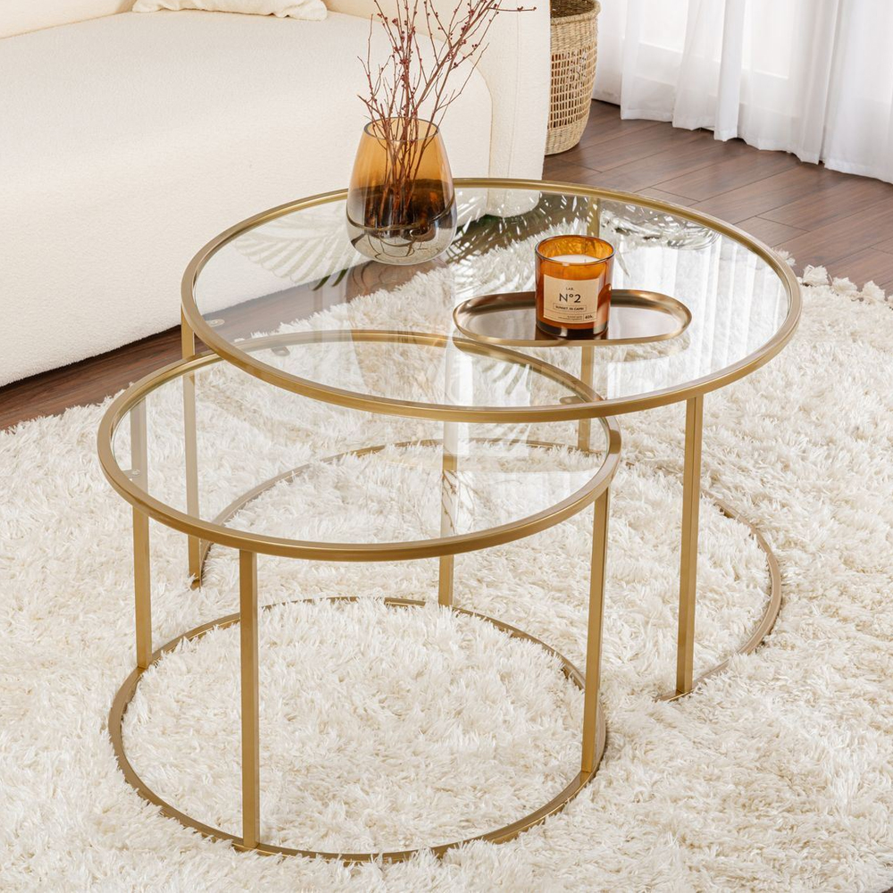 Aureo Large Clear Tempered Glass Nest Of 2 Coffee Tables with Gold Metal Frame