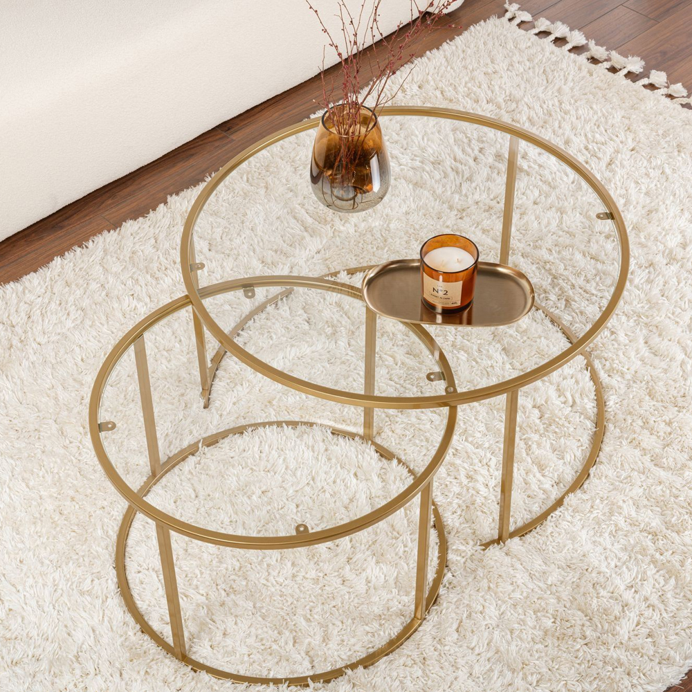 Aureo Large Clear Tempered Glass Nest Of 2 Coffee Tables with Gold Metal Frame