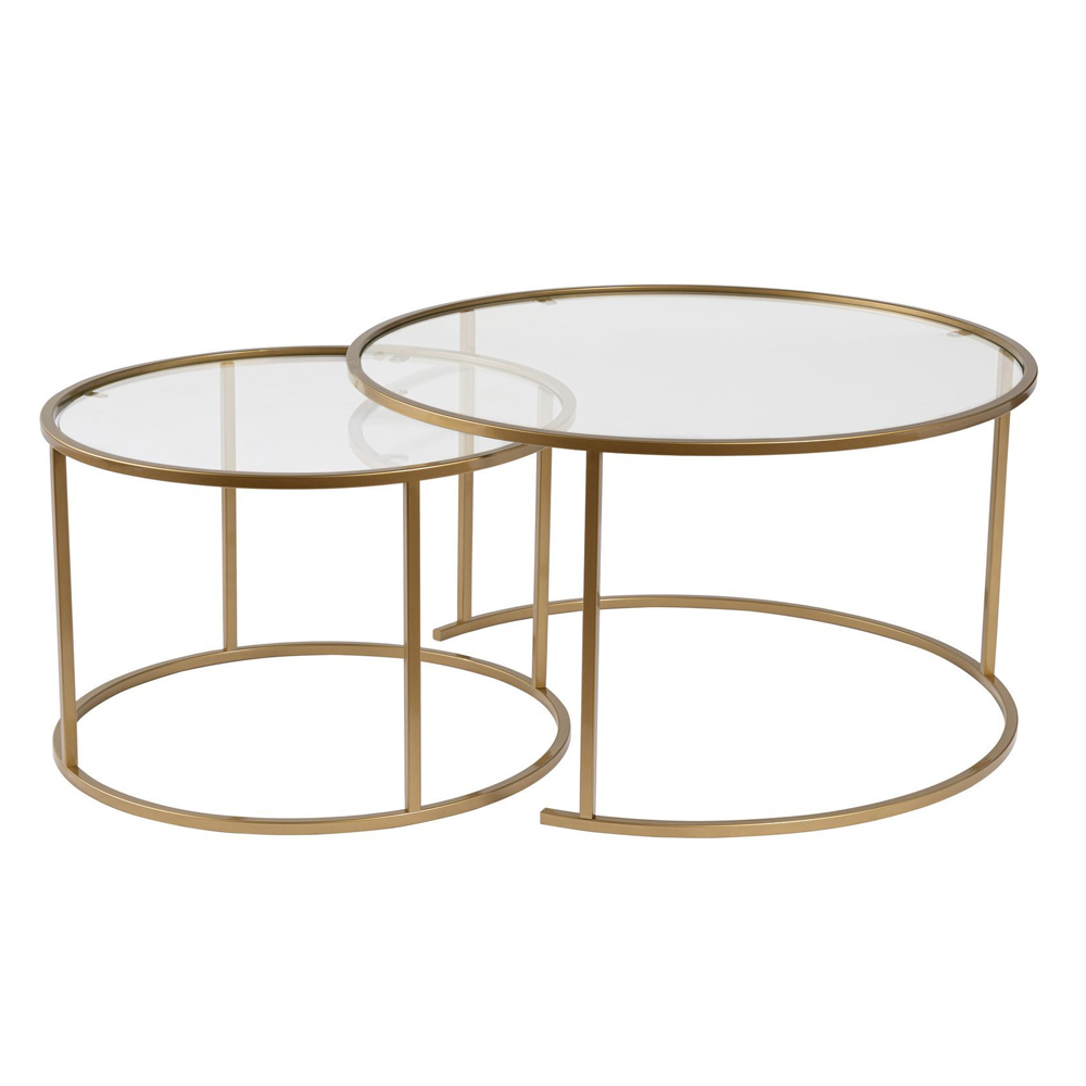 Aureo Large Clear Tempered Glass Nest Of 2 Coffee Tables with Gold Metal Frame