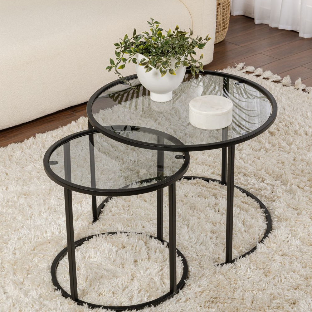 Aureo Small Grey Tempered Glass Nest Of 2 Coffee Tables with Black Metal Frame
