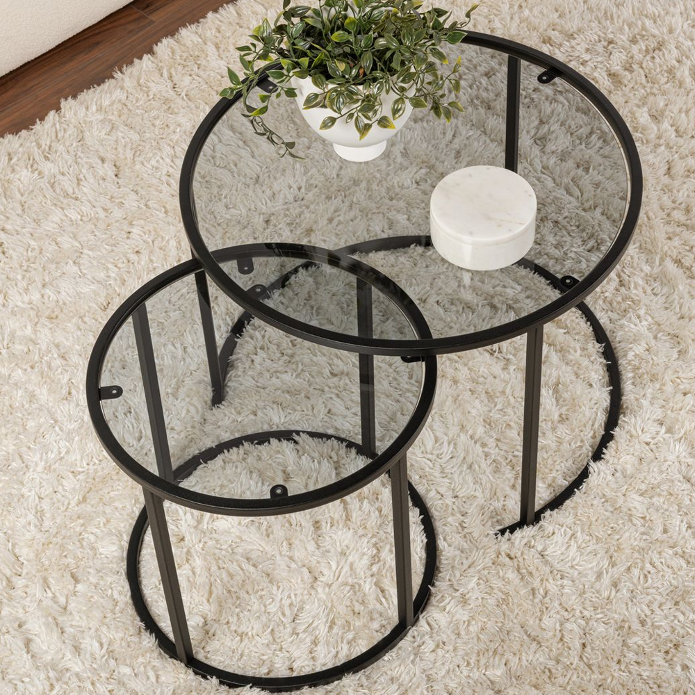 Aureo Small Grey Tempered Glass Nest Of 2 Coffee Tables with Black Metal Frame