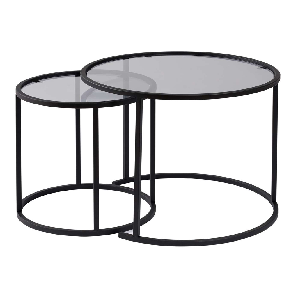 Aureo Small Grey Tempered Glass Nest Of 2 Coffee Tables with Black Metal Frame