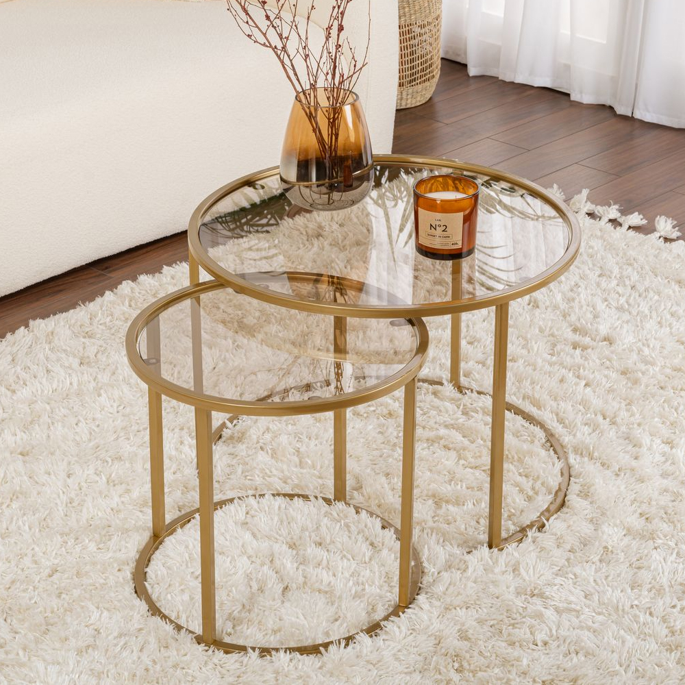 Aureo Small Tempered Glass Nest Of 2 Coffee Tables with Gold and Bronze Metal Frame