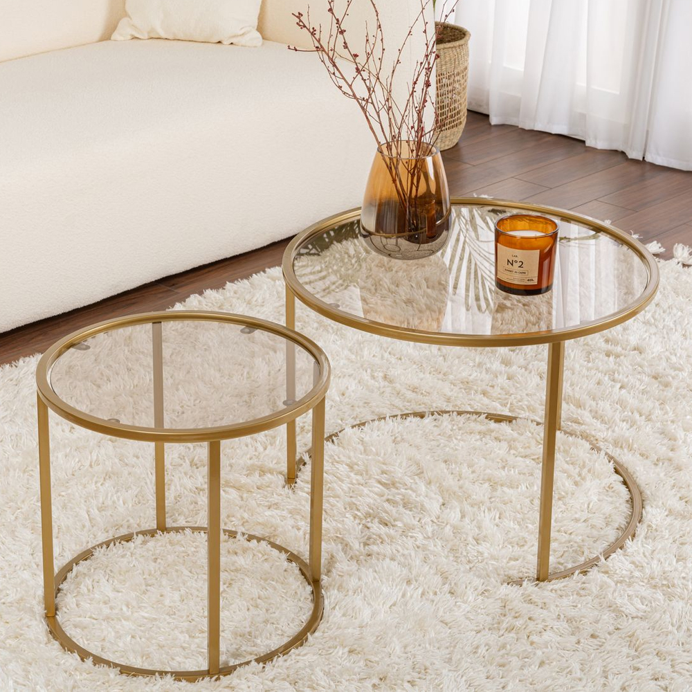Aureo Small Tempered Glass Nest Of 2 Coffee Tables with Gold and Bronze Metal Frame