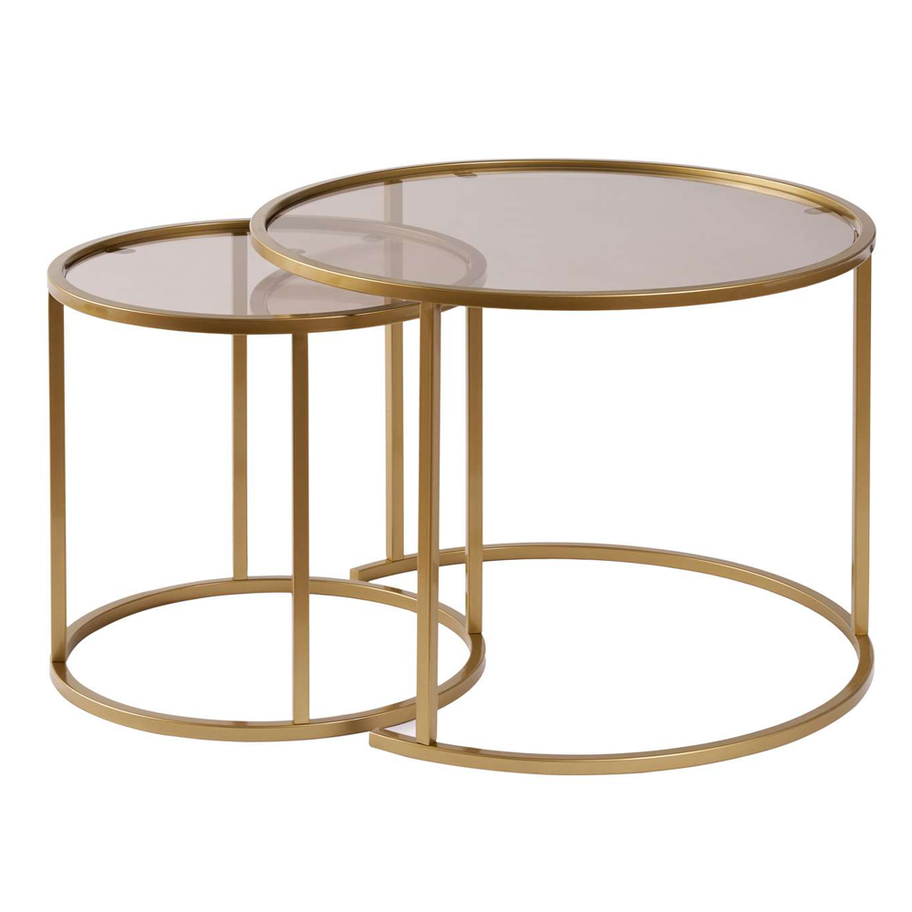 Aureo Small Tempered Glass Nest Of 2 Coffee Tables with Gold and Bronze Metal Frame