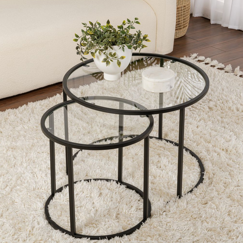 Aureo Small Clear Tempered Glass Nest Of 2 Coffee Tables with Black Metal Frame