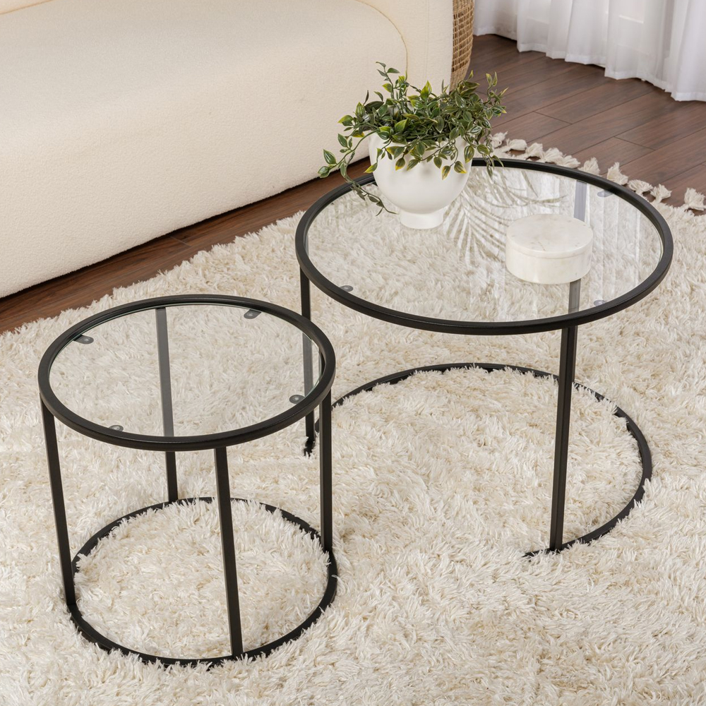 Aureo Small Clear Tempered Glass Nest Of 2 Coffee Tables with Black Metal Frame
