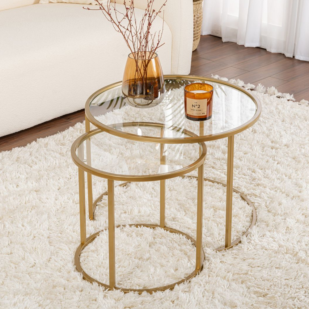 Aureo Small Clear Tempered Glass Nest Of 2 Coffee Tables with Gold Metal Frame