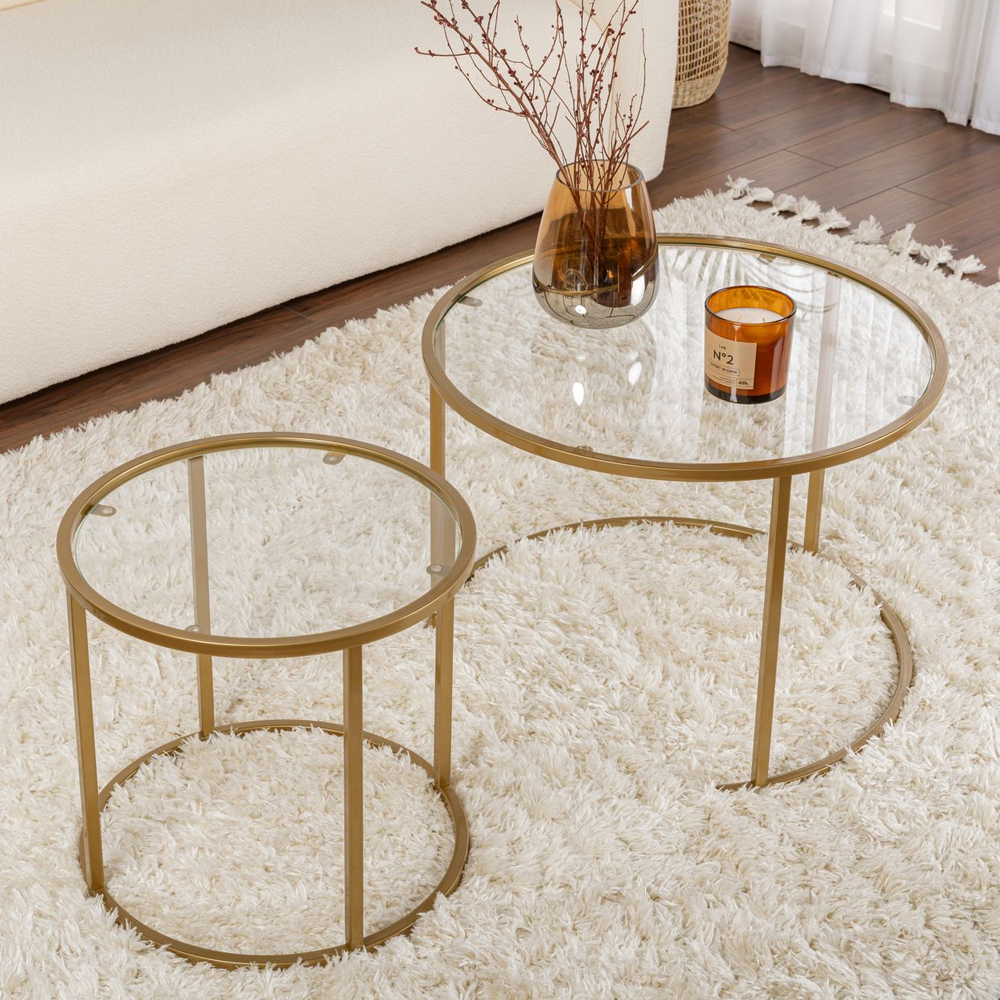 Aureo Small Clear Tempered Glass Nest Of 2 Coffee Tables with Gold Metal Frame