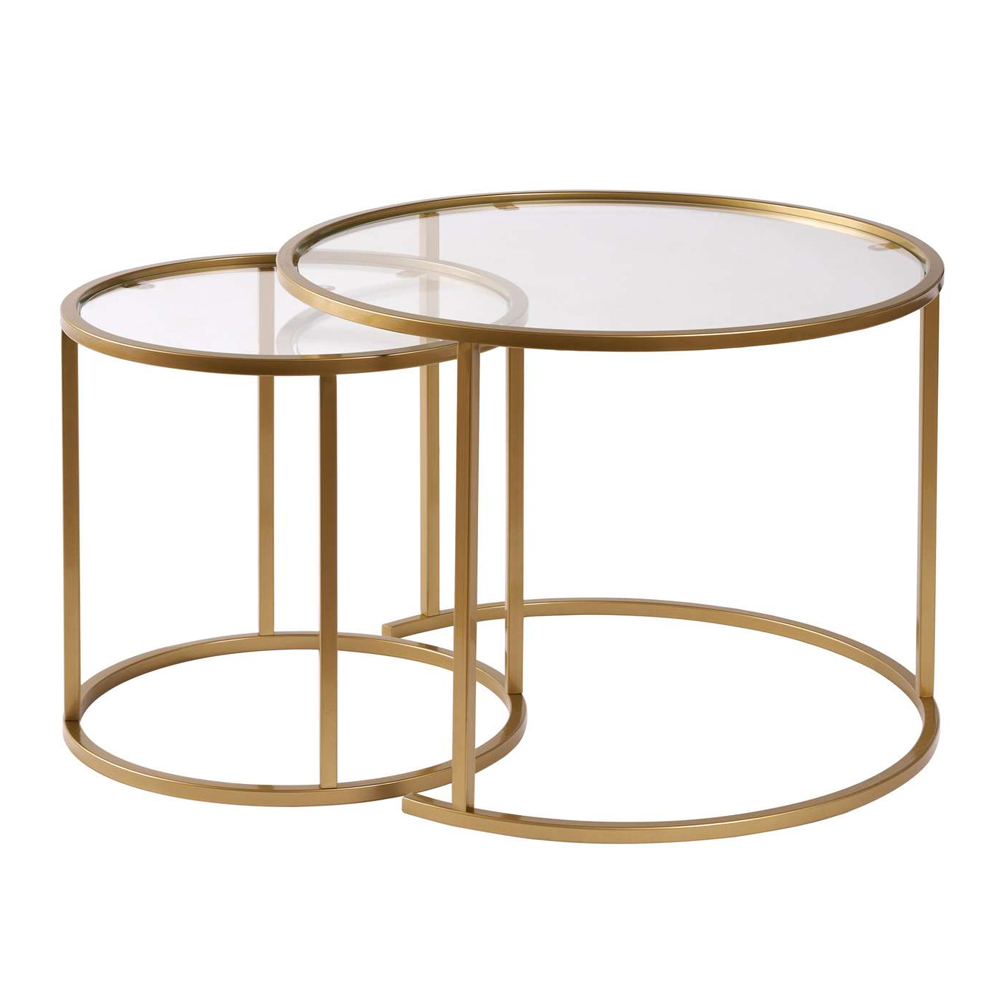 Aureo Small Clear Tempered Glass Nest Of 2 Coffee Tables with Gold Metal Frame
