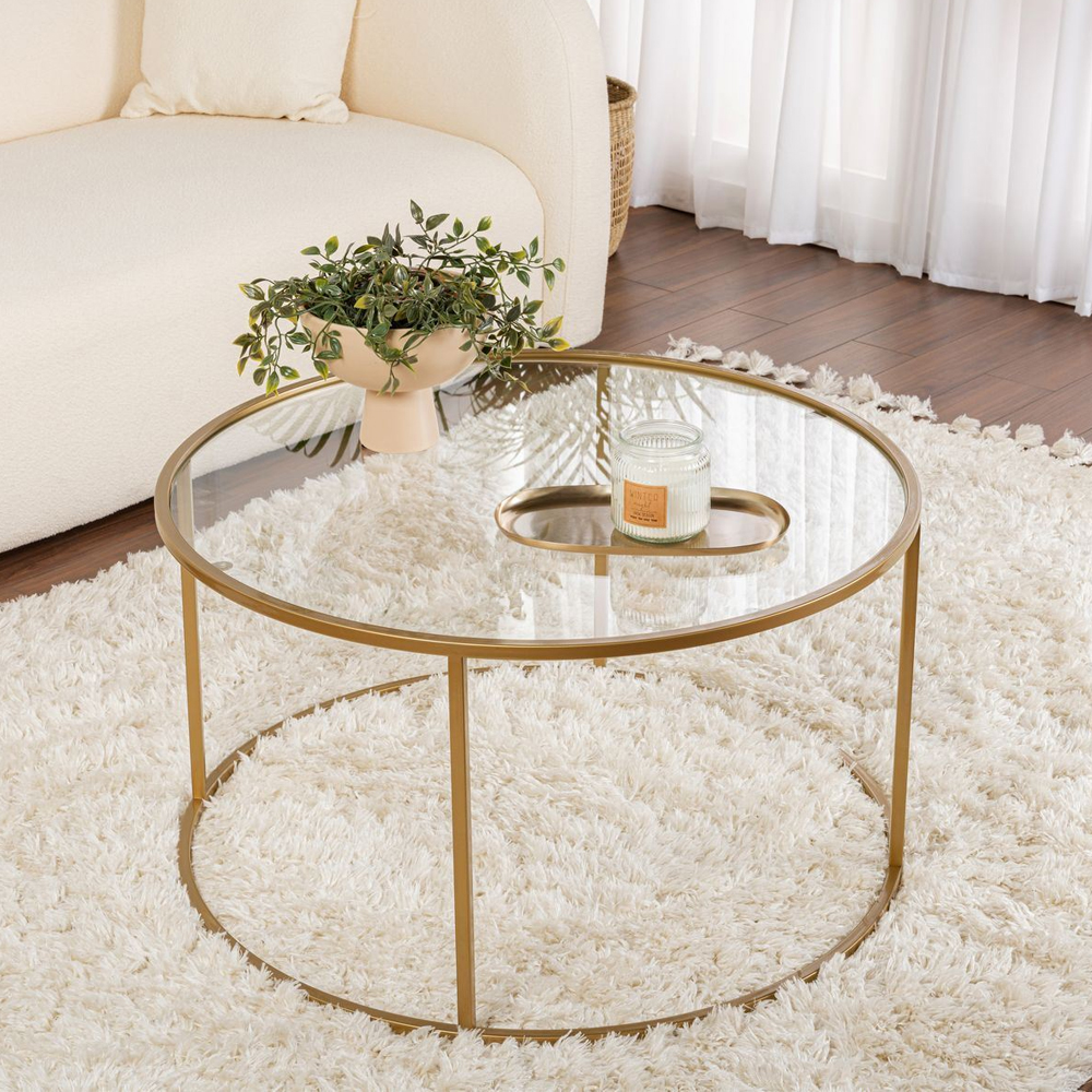Aureo Clear Tempered Glass Coffee Table with Gold Metal Frame