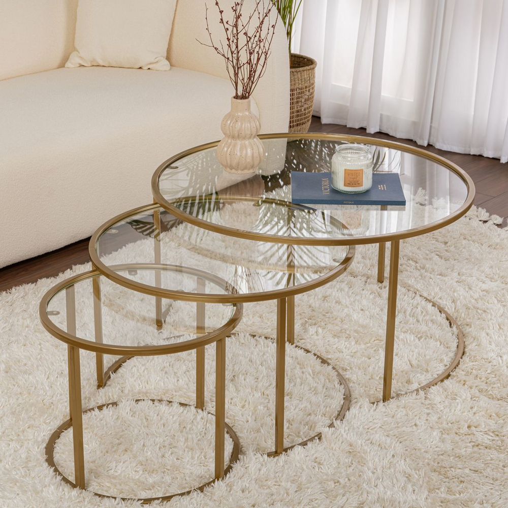 Aureo Clear Tempered Glass Nest Of 3 Coffee Tables with Gold Metal Frame