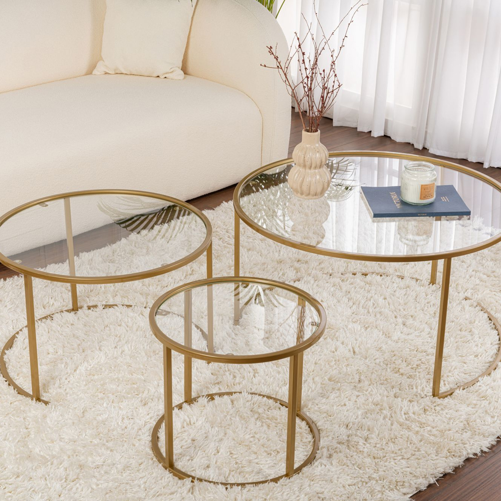 Aureo Clear Tempered Glass Nest Of 3 Coffee Tables with Gold Metal Frame