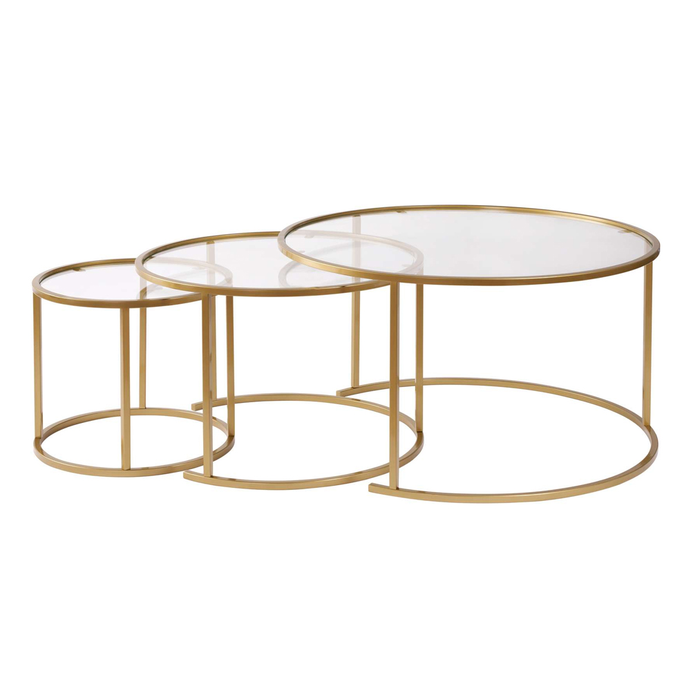 Aureo Clear Tempered Glass Nest Of 3 Coffee Tables with Gold Metal Frame